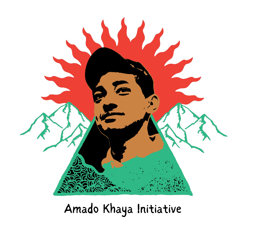 Amado Khaya Initiative Logo with a drawing of Amado Khaya with green mountains and a red sun in the background